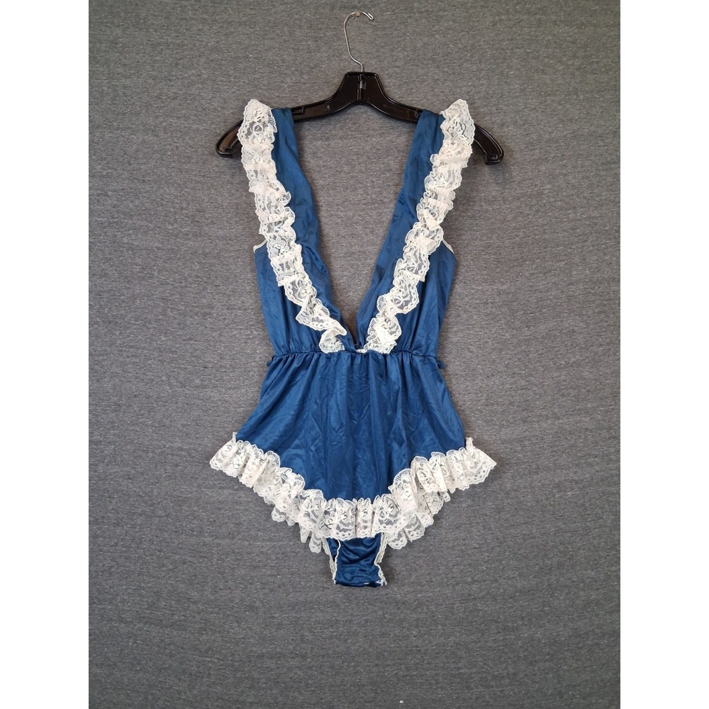 VTG California Dream Womens Teddie L Blue Lace Romper Lingerie 70s USA Boudoir